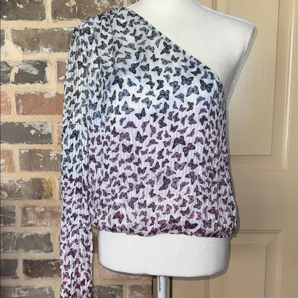 CAMI NYC Lenore Ombré Rainbow Butterfly One-Shoulder Blouson Top Lined Sz Medium - Picture 5 of 13